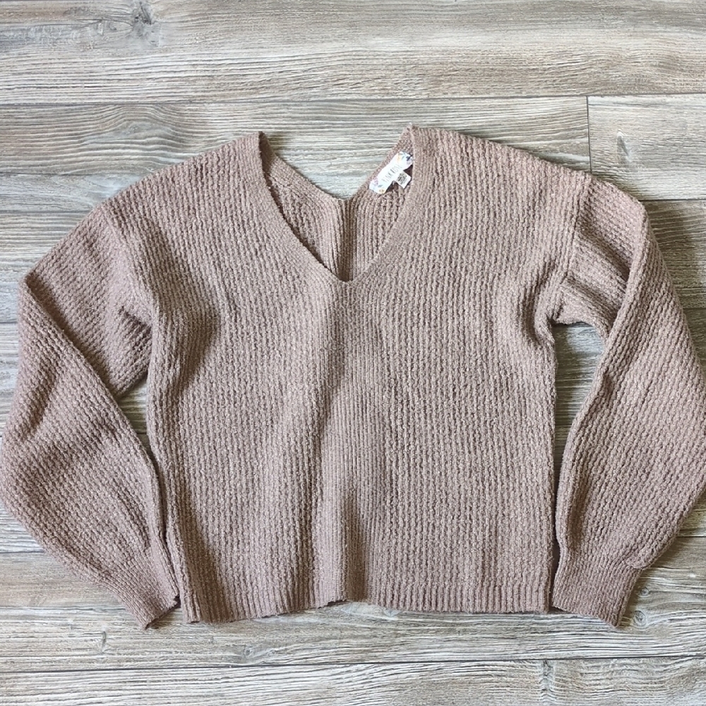 PINK ROSE Taupe Fuzzy V-Neck Sweater S